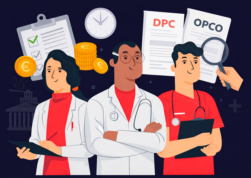 Illustration du financement et du cadre réglementaire des formations en imagerie médicale, incluant les dispositifs DPC et OPCO pour les professionnels de santé