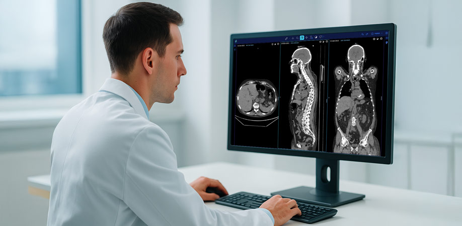PixiLearn trainer analysing a CT scan on his workstation