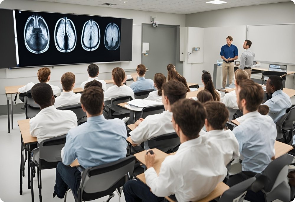 Classe d'élèves assistant à un cours avec des imageries médicales