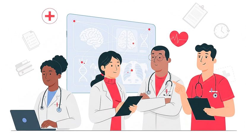 Professionnels de santé collaborant autour d'examens d'imagerie médicale pour une formation DPC interactive